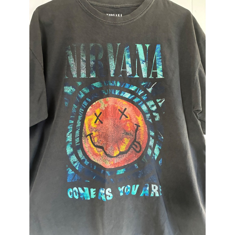 Nirvana Smiley Face Graphic T Shirt Charcoal Gray M L Come As You Are